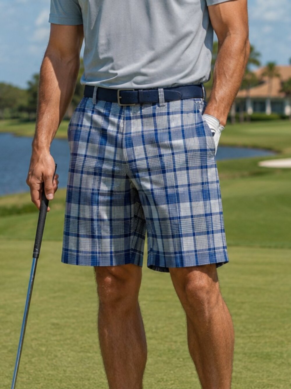 PGA Tour Men's Performance Golf Shorts Blue Plaid Flat Front Size 42